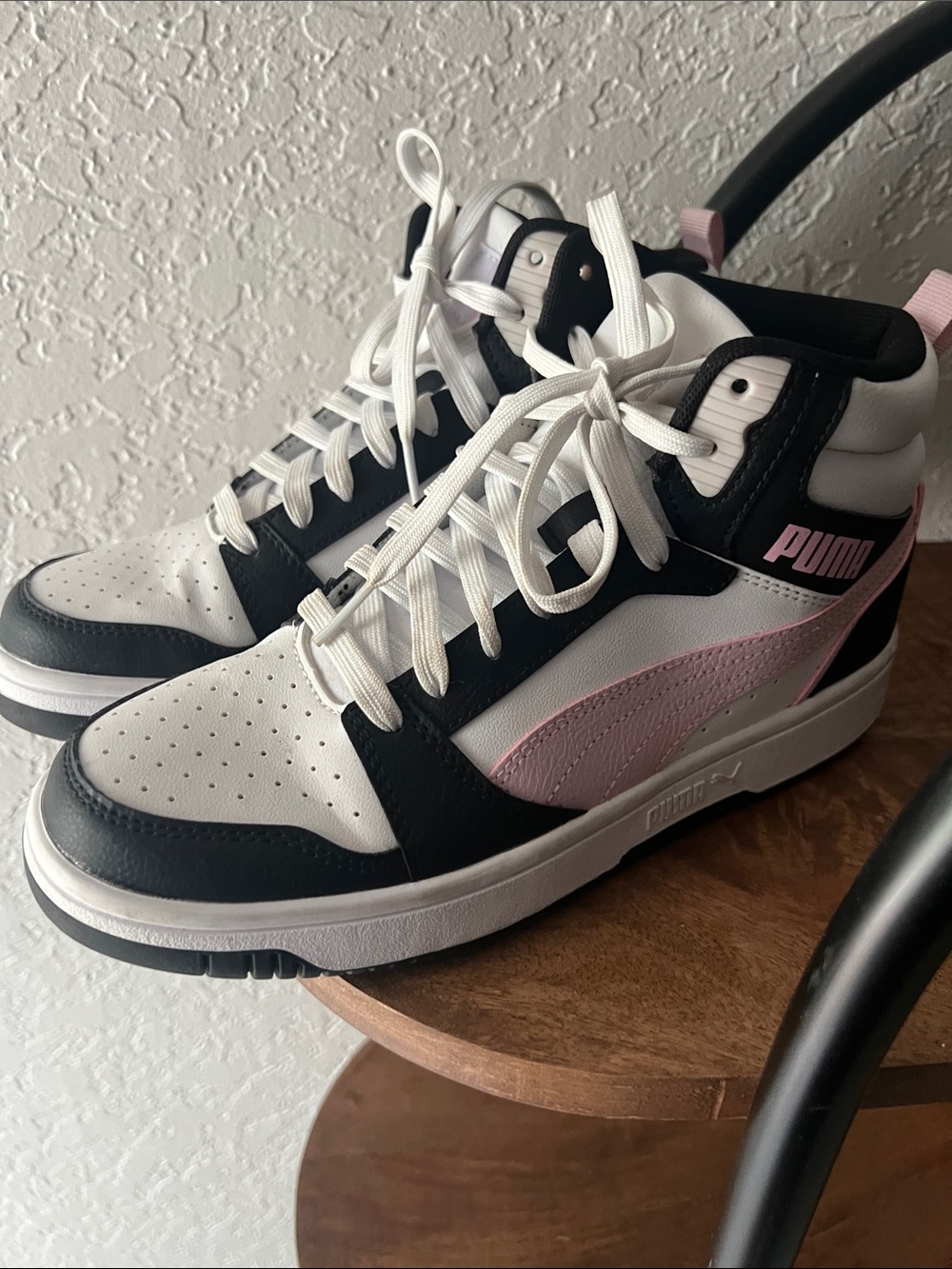 Puma White, Black & Pink Mid-Top Sneakers